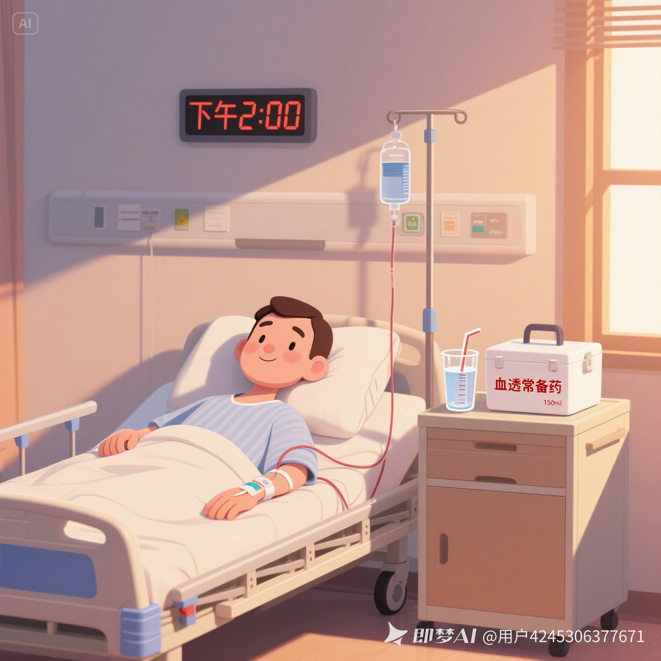 卡通风格血液透析室场景，患者平静躺在病床上进行血液透析治疗，床边移动推车放置白色药箱，药箱上写有_血透常备药_的字样。带150ml刻度的水杯盛有三分之二清水，水杯上有一根吸管插着。墙挂电子时钟显示“下....jpeg